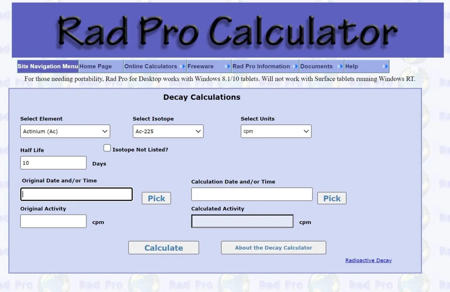 Screenshot of the online Rad Pro Calculator